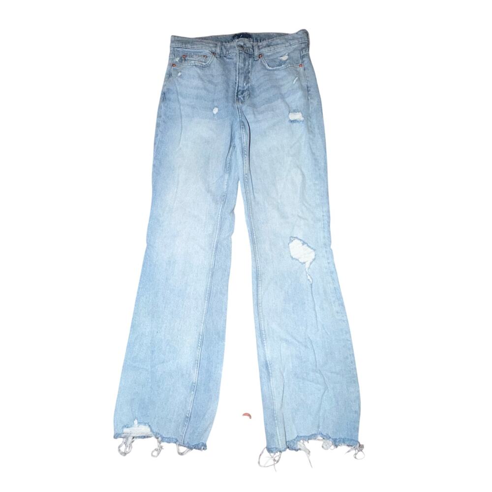 Lucky Brand Straight Leg Jeans Womens Size 12 Light Blue Wash Distressed Raw Hem
